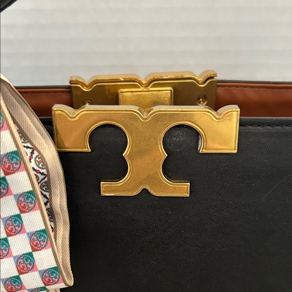 Tory Burch $700 Black Eleanor Spazoletto Satchel with Gold Logo and Ribbon - Picture 4 of 12